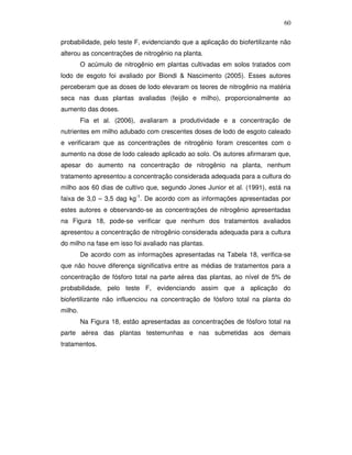 60
probabilidade, pelo teste F, evidenciando que a aplicação do biofertilizante não
alterou as concentrações de nitrogênio na planta.
O acúmulo de nitrogênio em plantas cultivadas em solos tratados com
lodo de esgoto foi avaliado por Biondi & Nascimento (2005). Esses autores
perceberam que as doses de lodo elevaram os teores de nitrogênio na matéria
seca nas duas plantas avaliadas (feijão e milho), proporcionalmente ao
aumento das doses.
Fia et al. (2006), avaliaram a produtividade e a concentração de
nutrientes em milho adubado com crescentes doses de lodo de esgoto caleado
e verificaram que as concentrações de nitrogênio foram crescentes com o
aumento na dose de lodo caleado aplicado ao solo. Os autores afirmaram que,
apesar do aumento na concentração de nitrogênio na planta, nenhum
tratamento apresentou a concentração considerada adequada para a cultura do
milho aos 60 dias de cultivo que, segundo Jones Junior et al. (1991), está na
faixa de 3,0 – 3,5 dag kg-1. De acordo com as informações apresentadas por
estes autores e observando-se as concentrações de nitrogênio apresentadas
na Figura 18, pode-se verificar que nenhum dos tratamentos avaliados
apresentou a concentração de nitrogênio considerada adequada para a cultura
do milho na fase em isso foi avaliado nas plantas.
De acordo com as informações apresentadas na Tabela 18, verifica-se
que não houve diferença significativa entre as médias de tratamentos para a
concentração de fósforo total na parte aérea das plantas, ao nível de 5% de
probabilidade, pelo teste F, evidenciando assim que a aplicação do
biofertilizante não influenciou na concentração de fósforo total na planta do
milho.
Na Figura 18, estão apresentadas as concentrações de fósforo total na
parte aérea das plantas testemunhas e nas submetidas aos demais
tratamentos.

 