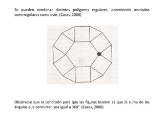 Se pueden combinar distintos polígonos regulares, obteniendo teselados
semirregulares como este. (Casas, 2000)
Obsérvese que la condición para que las figuras teselen es que la suma de los
ángulos que concurren sea igual a 360°. (Casas, 2000)
 
