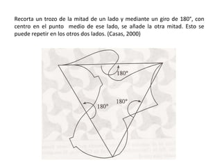 Recorta un trozo de la mitad de un lado y mediante un giro de 180°, con
centro en el punto medio de ese lado, se añade la otra mitad. Esto se
puede repetir en los otros dos lados. (Casas, 2000)
 
