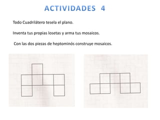Todo Cuadrilátero tesela el plano.
Inventa tus propias losetas y arma tus mosaicos.
Con las dos piezas de heptominós construye mosaicos.
 