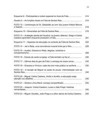 10
Esquema 9 – Participantes e ordem espacial no ritual da Folia........................ 214
Quadro 2 – As funções rituais na Folia de Santos Reis..................................... 215
FOTO 12 – Lembranças do Sr. Sebastião ao som dos jovens foliões Marcos
e Gabriel............................................................................................................. 218
Esquema 10 – Dimensões da Folia de Santos Reis.......................................... 219
FOTO 13 – Avaliação atenta de Faustina: os jovens Jéferson, Diego e Carlos
Caetano aprendem enquanto produzem a Folia............................................... 221
Esquema 11 – Aspectos da educação no contexto da Folia de Santos Reis 222
FOTO 14 – Jair e Reily: uma convivência musical entre pai e filho................... 228
FOTO 15 – Aurélio, Graciana e Reily: alegrias, cantorias e
companheirismo................................................................................................. 228
FOTO 16 – Estudo de canto na igreja: a Folia também se faz aí...................... 230
FOTO 17 – Últimos dias do giro da Folia: o cansaço às vezes vence............... 230
FOTO 18 – Graciana e Vinícius: cada dia com mais prática na sanfona.......... 230
FOTO 19 – A benção de Miguel na saída do pouso: intermediação com os
Santos Reis........................................................................................................ 240
FOTO 20 – Miguel, Carlos Caetano, André e Aurélio: a educação exige
atenção nos detalhes......................................................................................... 240
FOTO 21 – Silvéria e Ana Maria: começo compartilhado.................................. 245
FOTO 22 – Joaquim, Carlos Caetano, Lucas e João Prego: histórias
reinventadas....................................................................................................... 245
FOTO 23 – Miguel, Osvaldo, João Prego e o olhar atento de Carlos Caetano. 245
 
