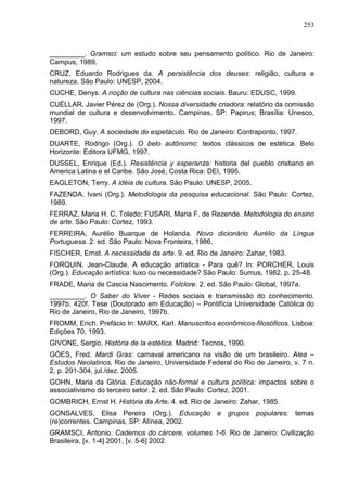 253
_________. Gramsci: um estudo sobre seu pensamento político. Rio de Janeiro:
Campus, 1989.
CRUZ, Eduardo Rodrigues da. A persistência dos deuses: religião, cultura e
natureza. São Paulo: UNESP, 2004.
CUCHE, Denys. A noção de cultura nas ciências sociais. Bauru: EDUSC, 1999.
CUÉLLAR, Javier Pérez de (Org.). Nossa diversidade criadora: relatório da comissão
mundial de cultura e desenvolvimento. Campinas, SP: Papirus; Brasília: Unesco,
1997.
DEBORD, Guy. A sociedade do espetáculo. Rio de Janeiro: Contraponto, 1997.
DUARTE, Rodrigo (Org.). O belo autônomo: textos clássicos de estética. Belo
Horizonte: Editora UFMG, 1997.
DUSSEL, Enrique (Ed.). Resistência y esperanza: historia del pueblo cristiano en
America Latina e el Caribe. São José, Costa Rica: DEI, 1995.
EAGLETON, Terry. A idéia de cultura. São Paulo: UNESP, 2005.
FAZENDA, Ivani (Org.). Metodologia da pesquisa educacional. São Paulo: Cortez,
1989.
FERRAZ, Maria H. C. Toledo; FUSARI, Maria F. de Rezende. Metodologia do ensino
de arte. São Paulo: Cortez, 1993.
FERREIRA, Aurélio Buarque de Holanda. Novo dicionário Aurélio da Língua
Portuguesa. 2. ed. São Paulo: Nova Fronteira, 1986.
FISCHER, Ernst. A necessidade da arte. 9. ed. Rio de Janeiro: Zahar, 1983.
FORQUIN, Jean-Claude. A educação artística - Para quê? In: PORCHER, Louis
(Org.). Educação artística: luxo ou necessidade? São Paulo: Sumus, 1982. p. 25-48.
FRADE, Maria de Cascia Nascimento. Folclore. 2. ed. São Paulo: Global, 1997a.
_________. O Saber do Viver - Redes sociais e transmissão do conhecimento.
1997b. 420f. Tese (Doutorado em Educação) – Pontifícia Universidade Católica do
Rio de Janeiro, Rio de Janeiro, 1997b.
FROMM, Erich. Prefácio In: MARX, Karl. Manuscritos econômicos-filosóficos. Lisboa:
Edições 70, 1993.
GIVONE, Sergio. História de la estética. Madrid: Tecnos, 1990.
GÓES, Fred. Mardi Gras: carnaval americano na visão de um brasileiro. Alea –
Estudos Neolatinos, Rio de Janeiro, Universidade Federal do Rio de Janeiro, v. 7 n.
2, p. 291-304, jul./dez. 2005.
GOHN, Maria da Glória. Educação não-formal e cultura política: impactos sobre o
associativismo do terceiro setor. 2. ed. São Paulo: Cortez, 2001.
GOMBRICH, Ernst H. História da Arte. 4. ed. Rio de Janeiro: Zahar, 1985.
GONSALVES, Elisa Pereira (Org.). Educação e grupos populares: temas
(re)correntes. Campinas, SP: Alínea, 2002.
GRAMSCI, Antonio. Cadernos do cárcere, volumes 1-6. Rio de Janeiro: Civilização
Brasileira, [v. 1-4] 2001, [v. 5-6] 2002.
 