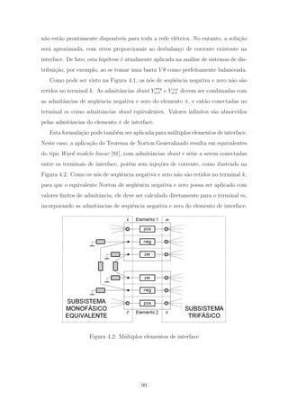 n˜ao est˜ao prontamente dispon´ıveis para toda a rede el´etrica. No entanto, a solu¸c˜ao
ser´a aproximada, com erros proporcionais ao desbalan¸co de corrente existente na
interface. De fato, esta hip´otese ´e atualmente aplicada na an´alise de sistemas de dis-
tribui¸c˜ao, por exemplo, ao se tomar uma barra V θ como perfeitamente balanceada.
Como pode ser visto na Figura 4.1, os n´os de seq¨uˆencia negativa e zero n˜ao s˜ao
retidos no terminal k. As admitˆancias shunt Y neg
nrt e Y zer
nrt devem ser combinadas com
as admitˆancias de seq¨uˆencia negativa e zero do elemento π, e ent˜ao conectadas no
terminal m como admitˆancias shunt equivalentes. Valores inﬁnitos s˜ao absorvidos
pelas admitˆancias do elemento π de interface.
Esta formula¸c˜ao pode tamb´em ser aplicada para m´ultiplos elementos de interface.
Neste caso, a aplica¸c˜ao do Teorema de Norton Generalizado resulta em equivalentes
do tipo Ward modelo linear [91], com admitˆancias shunt e s´erie a serem conectadas
entre os terminais de interface, por´em sem inje¸c˜oes de corrente, como ilustrado na
Figura 4.2. Como os n´os de seq¨uˆencia negativa e zero n˜ao s˜ao retidos no terminal k,
para que o equivalente Norton de seq¨uˆencia negativa e zero possa ser aplicado com
valores ﬁnitos de admitˆancia, ele deve ser calculado diretamente para o terminal m,
incorporando as admitˆancias de seq¨uˆencia negativa e zero do elemento de interface.
pos
k m
neg
zer
p q
neg
zer
posSUBSISTEMA
MONOFÁSICO
EQUIVALENTE
SUBSISTEMA
TRIFÁSICOElemento 2
Elemento 1
Figura 4.2: M´ultiplos elementos de interface
99
 