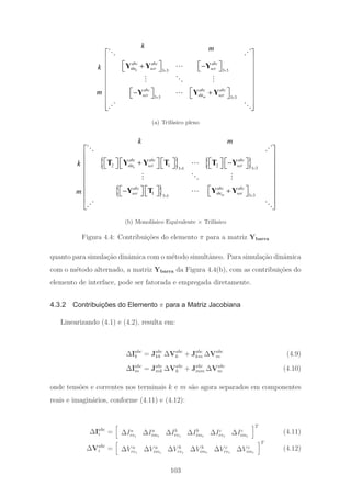 3 33 3
3 3 3 3
k
m
abc abc abc
sht ser ser
abc abc abc
ser sht ser
××
× ×
⎡ ⎤
⎢ ⎥
⎡ ⎤ ⎡ ⎤+ −⎢ ⎥⎣ ⎦⎣ ⎦
⎢ ⎥
⎢ ⎥
⎢ ⎥⎡ ⎤⎡ ⎤− +⎣ ⎦ ⎣ ⎦⎢ ⎥
⎢ ⎥
⎣ ⎦
Y Y Y
Y Y Y
k
k
m
m
(a) Trif´asico pleno
k
k
m
m
{ } { }
{ }
2 1 2
1 31 1
1 3 33 1
k
m
abc abc abc
sht ser ser
abc abc abc
ser sht ser
××
××
⎡ ⎤
⎢ ⎥
⎡ ⎤⎡ ⎤ ⎡ ⎤ ⎡ ⎤ ⎡ ⎤+ −⎢ ⎥⎣ ⎦ ⎣ ⎦ ⎣ ⎦ ⎣ ⎦⎣ ⎦
⎢ ⎥
⎢ ⎥
⎢ ⎥
⎡ ⎤⎡ ⎤ ⎡ ⎤− +⎢ ⎥⎣ ⎦ ⎣ ⎦ ⎣ ⎦
⎢ ⎥
⎣ ⎦
T Y Y T T Y
Y T Y Y
(b) Monof´asico Equivalente × Trif´asico
Figura 4.4: Contribui¸c˜oes do elemento π para a matriz Ybarra
quanto para simula¸c˜ao dinˆamica com o m´etodo simultˆaneo. Para simula¸c˜ao dinˆamica
com o m´etodo alternado, a matriz Ybarra da Figura 4.4(b), com as contribui¸c˜oes do
elemento de interface, pode ser fatorada e empregada diretamente.
4.3.2 Contribuições do Elemento π para a Matriz Jacobiana
Linearizando (4.1) e (4.2), resulta em:
ΔIabc
k = Jabc
kk ΔVabc
k + Jabc
km ΔVabc
m (4.9)
ΔIabc
m = Jabc
mk ΔVabc
k + Jabc
mm ΔVabc
m (4.10)
onde tens˜oes e correntes nos terminais k e m s˜ao agora separados em componentes
reais e imagin´arios, conforme (4.11) e (4.12):
ΔIabc
i = ΔIa
rei
ΔIa
imi
ΔIb
rei
ΔIb
imi
ΔIc
rei
ΔIc
imi
T
(4.11)
ΔVabc
i = ΔV a
rei
ΔV a
imi
ΔV b
rei
ΔV b
imi
ΔV c
rei
ΔV c
imi
T
(4.12)
103
 