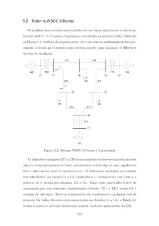 5.2 Sistema WSCC 9 Barras
Os modelos desenvolvidos neste trabalho de tese foram inicialmente avaliados no
Sistema WSCC, de 9 barras e 3 geradores, encontrado na referˆencia [98] e ilustrado
na Figura 5.1. Embora de pequeno porte, ele ´e um sistema multim´aquinas frequen-
temente utilizado na literatura como sistema modelo para avalia¸c˜ao de diferentes
t´ecnicas de simula¸c˜ao.
G2 TF2 TF3 G3
C3
G1
TF1
C1 C2
1
4
5 6
2 7 8 9 3
LT1LT2
LT3 LT4
LT5LT6
7'
SW1
5'
SW2
Figura 5.1: Sistema WSCC (9 barras e 3 geradores)
As linhas de transmiss˜ao LT1 a LT6 foram mantidas em representa¸c˜ao balanceada
(circuitos com transposi¸c˜ao de fases), assumindo-se valores t´ıpicos para impedˆancias
s´erie e admitˆancias shunt de seq¨uˆencia zero. O desbalan¸co em regime permanente
ser´a introduzido nas cargas C1 a C3, mantendo-se o carregamento por barra e a
potˆencia ativa gerada por m´aquina, G1 a G3. Estas est˜ao conectadas `a rede de
transmiss˜ao por seu respectivo transformador elevador TF1 a TF3, sendo G1 a
m´aquina de referˆencia. Todos os componentes s˜ao considerados com liga¸c˜ao estrela
aterrada. Os dados relevantes est˜ao sumarizados nas Tabelas 5.1 a 5.3 e a Tabela 5.4
mostra o ponto de opera¸c˜ao balanceado original, conforme apresentado em [98].
124
 