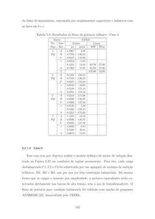 da linha de transmiss˜ao, sustentada por acoplamentos capacitivos e indutivos com
as fases s˜as b e c.
Tabela 5.8: Resultados do ﬂuxo de potˆencia trif´asico - Caso 4
Barra FASEE
No. Fase Tens˜ao Carga
Tipo Ref. pu graus MW Mvar
5 A 1.2067 5.06
PQ B 0.7470 -136.24
C 0.9487 110.00
+ 0.9553 -5.35
- 0.1425 14.26 62.50 25.00
0 0.1960 54.92 62.50 25.00
Σ 125.00 50.00
5’ A 0.1894 150.25
PQ B 0.7470 -136.24
C 0.9487 110.00
+ 0.5043 -10.65
- 0.3188 174.43
0 0.3767 155.50
7’ A 0.2214 -171.66
PQ B 0.9500 -120.97
C 0.9386 127.02
+ 0.5545 2.29
- 0.3495 -176.42
0 0.4255 -175.63
7 A 1.1374 13.22
PQ B 0.9500 -120.97
C 0.9386 127.02
+ 1.0034 6.84
- 0.1200 39.01
0 0.0673 74.67
5.2.1.4 Caso 5
Este caso tem por objetivo avaliar o modelo trif´asico de motor de indu¸c˜ao ilus-
trado na Figura 3.20 em condi¸c˜oes de regime permanente. Para isto, cada carga
desbalanceada C1, C2 e C3 foi substitu´ıda por um agregado de motores de indu¸c˜ao
trif´asicos, M1, M2 e M3, que por sua vez tˆem constru¸c˜ao balanceada. Da mesma
forma que as cargas e somente por simplicidade, o motores equivalentes ser˜ao co-
nectados diretamente nas barras de alta tens˜ao, sem o uso de transformadores. O
ﬂuxo de potˆencia para condi¸c˜ao balanceada foi validado com aux´ılio do programa
ANAREDE [23], desenvolvido pelo CEPEL.
132
 