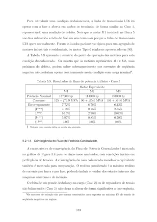Para introduzir uma condi¸c˜ao desbalanceada, a linha de transmiss˜ao LT6 ir´a
operar com a fase a aberta em ambos os terminais, de forma similar ao Caso 4,
representando uma condi¸c˜ao de defeito. Note que o motor M1 instalado na Barra 5
n˜ao ﬁca submetido a falta de fase em seus terminais porque a linha de transmiss˜ao
LT2 opera normalmente. Foram utilizados parˆametros t´ıpicos para um agregado de
motores industriais e residenciais, ou motor Tipo 6 conforme apresentado em [90].
A Tabela 5.9 apresenta o sum´ario do ponto de opera¸c˜ao dos motores para esta
condi¸c˜ao desbalanceada. Ela mostra que os motores equivalentes M1 e M3, mais
pr´oximos do defeito, podem sofrer sobreaquecimento por correntes de seq¨uˆencia
negativa n˜ao poderiam operar continuamente nesta condi¸c˜ao com carga nominal4
.
Tabela 5.9: Resultados do ﬂuxo de potˆencia trif´asico - Caso 5
Motor Equivalente
M1 M2 M3
Potˆencia Nominal 157000 hp 114000 hp 133000 hp
Consumo 125 + j79.9 MVA 90 + j55.6 MVA 105 + j64.6 MVA
Escorregamento 7.72% 6.78% 6.42%
|V neg
| 4.16% 0.75% 2.55%
|Ineg
| 16.3% 2.96% 10.03%
|V zer
| 5.97% 0.85% 0.79%
† |Izer
| 0.0% 0.0% 0.0%
† Motores com conex˜ao delta ou estrela n˜ao aterrada.
5.2.1.5 Convergência do Fluxo de Potência Generalizado
A caracter´ıstica de convergˆencia do Fluxo de Potˆencia Generalizado ´e mostrada
no gr´aﬁco da Figura 5.4 para os cinco casos analisados, com condi¸c˜oes iniciais em
perﬁl plano de tens˜oes. A convergˆencia do caso balanceado monof´asico equivalente
tamb´em ´e mostrada para compara¸c˜ao. O res´ıduo considerado ´e o m´aximo res´ıduo
de corrente por barra e por fase, podendo incluir o res´ıduo dos estados internos das
m´aquinas s´ıncronas e de indu¸c˜ao.
O efeito de um grande desbalan¸co na carga (Caso 2) ou de reguladores de tens˜ao
n˜ao balanceados (Caso 3) n˜ao chega a alterar de forma signiﬁcativa a convergˆencia.
4
Os motores de indu¸c˜ao s˜ao por norma constru´ıdos para suportar no m´aximo 1% de tens˜ao de
seq¨uˆencia negativa em regime.
133
 