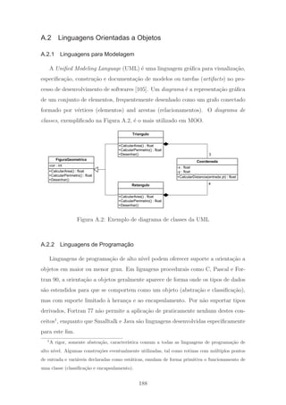 A.2 Linguagens Orientadas a Objetos
A.2.1 Linguagens para Modelagem
A Uniﬁed Modeling Language (UML) ´e uma linguagem gr´aﬁca para visualiza¸c˜ao,
especiﬁca¸c˜ao, constru¸c˜ao e documenta¸c˜ao de modelos ou tarefas (artifacts) no pro-
cesso de desenvolvimento de softwares [105]. Um diagrama ´e a representa¸c˜ao gr´aﬁca
de um conjunto de elementos, frequentemente desenhado como um grafo conectado
formado por v´ertices (elementos) and arestas (relacionamentos). O diagrama de
classes, exempliﬁcado na Figura A.2, ´e o mais utilizado em MOO.
+CalcularArea() : float
+CalcularPerimetro() : float
+Desenhar()
-cor : int
FiguraGeometrica
+CalcularArea() : float
+CalcularPerimetro() : float
+Desenhar()
Triangulo
+CalcularArea() : float
+CalcularPerimetro() : float
+Desenhar()
Retangulo
+CalcularDistancia(entrada pt) : float
-x : float
-y : float
Coordenada
4
3
Figura A.2: Exemplo de diagrama de classes da UML
A.2.2 Linguagens de Programação
Linguagens de programa¸c˜ao de alto n´ıvel podem oferecer suporte a orienta¸c˜ao a
objetos em maior ou menor grau. Em liguagens procedurais como C, Pascal e For-
tran 90, a orienta¸c˜ao a objetos geralmente aparece de forma onde os tipos de dados
s˜ao estendidos para que se comportem como um objeto (abstra¸c˜ao e classiﬁca¸c˜ao),
mas com suporte limitado `a heran¸ca e ao encapsulamento. Por n˜ao suportar tipos
derivados, Fortran 77 n˜ao permite a aplica¸c˜ao de praticamente nenhum destes con-
ceitos1
, enquanto que Smalltalk e Java s˜ao linguagens desenvolvidas especiﬁcamente
para este ﬁm.
1
A rigor, somente abstra¸c˜ao, caracter´ıstica comum a todas as linguagens de programa¸c˜ao de
alto n´ıvel. Algumas constru¸c˜oes eventualmente utilizadas, tal como rotinas com m´ultiplos pontos
de entrada e vari´aveis declaradas como est´aticas, emulam de forma primitiva o funcionamento de
uma classe (classiﬁca¸c˜ao e encapsulamento).
188
 