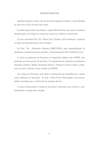 AGRADECIMENTOS
Agrade¸co primeiro a Deus, que me deu for¸cas quando necessitei, e pela felicidade
de aqui estar ao ﬁm de mais uma etapa.
`A minha esposa Maria das Gra¸cas e minha ﬁlha Gabriela, pelo apoio e paciˆencia
demonstrados com rela¸c˜ao ao tempo que precisei me dedicar ao doutorado.
Ao meu orientador Prof. Dr. Glauco Nery Taranto, pela orienta¸c˜ao e conﬁan¸ca
ao longo do desenvolvimento deste trabalho.
Ao Prof. Dr. Alessandro Manzoni (DEE/UFRJ), pela disponibiliza¸c˜ao da
plataforma computacional que permitiu o desenvolvimento deste trabalho de tese.
A todos os professores do Programa de Engenharia El´etrica da COPPE, pela
dedica¸c˜ao ao curso que me foi oferecido. Um agradecimento especial aos professores
Alquindar Pedroso, Djalma Mosqueira Falc˜ao e Sandoval Carneiro J´unior, profes-
sores de todo o per´ıodo em que estudei na COPPE.
Aos colegas da Petrobras, pela ajuda e colabora¸c˜ao que possibilitaram a minha
maior dedica¸c˜ao ao doutorado. Ao Eng. Carlos Ferraz Mastrangelo, pela oportu-
nidade concedida para a elabora¸c˜ao da proposta de tese.
A todos os funcion´arios e colegas de mestrado e doutorado, pelo conv´ıvio e com-
panheirismo ao longo desta jornada.
iv
 