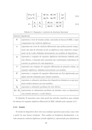 ⎡
⎣
F (x, V)
g (x, V)
⎤
⎦ = −
⎡
⎣
∂F/∂x ∂F/∂V
∂g/∂x ∂g/∂V
⎤
⎦
⎡
⎣
Δx
ΔV
⎤
⎦ (2.3)
J =
⎡
⎣
J1 J2
J3 J4
⎤
⎦ =
⎡
⎣
∂F/∂x ∂F/∂V
∂g/∂x ∂g/∂V
⎤
⎦ (2.4)
Tabela 2.1: Equa¸c˜oes e vari´aveis da descri¸c˜ao funcional
S´ımbolo Signiﬁcado
V representa o vetor de tens˜oes nodais, associadas `as barras do SEE, e cujos
componentes s˜ao vari´aveis alg´ebricas.
x representa um vetor de vari´aveis diferenciais (que podem possuir compo-
nente n˜ao nulo de derivada em ˙x) ou alg´ebricas (cujo respectivo compo-
nente em ˙x ´e nulo) deﬁnidas internamente aos modelos de dispositivos.
g representa o conjunto de equa¸c˜oes alg´ebricas n˜ao-lineares deﬁnido pela
rede el´etrica, e formado pelo somat´orio das contribui¸c˜oes individuais de
corrente ou potˆencia de cada dispositivo.
f representa um conjunto de equa¸c˜oes diferenciais de primeira ordem, ou
equa¸c˜oes alg´ebricas, deﬁnidas internamente aos modelos.
F representa o conjunto de equa¸c˜oes diferenciais em f j´a algebrizadas por
algum m´etodo adequado para solu¸c˜ao num´erica.
J1 representa a submatriz jacobiana dos dispositivos dinˆamicos ou que pos-
suem estados internos em seus modelos.
J4 representa a submatriz jacobiana da rede el´etrica.
J2 e J3 representam as submatrizes jacobiana da interface entre os dispositivos
com estados internos e a rede el´etrica.
O Apˆendice B apresenta uma vis˜ao geral dos m´etodos num´ericos para solu¸c˜ao
do sistema de equa¸c˜oes alg´ebrico-diferencial do SEE, deﬁnido pela equa¸c˜ao (2.1).
2.3.2 Estado
O estado do dispositivo deve reter sua condi¸c˜ao operativa mais atual, como visto
a partir de suas barras terminais. Para an´alise na freq¨uˆencia fundamental, o es-
tado armazena vari´aveis alg´ebricas (estado alg´ebrico), representado por admitˆancias
29
 