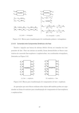 POL2RET
modx
angx
re
x
imx
cos
sin
re mod ang
im mod ang
x x x
x x x
=⎧
⎨
=⎩
mod
mod
cos sin
sin cos
re ang mod ang ang
im ang mod ang ang
dx x dx x x dx
dx x dx x x dx
= −⎧
⎨
= +⎩
(a) polar → retangular
RET2POL
modx
angx
re
x
imx
2 2
arctan
mod re im
im
ang
re
x x x
x
x
x
⎧ = +
⎪
⎨
=⎪
⎩
2 22 2
2 22 2
re im
mod re im
re imre im
im re
and re im
re imre im
x x
dx dx dx
x xx x
x x
dx dx dx
x xx x
⎧
= −⎪ ++⎪
⎨
⎪ = +
⎪ ++⎩
(b) retangular → polar
Figura 2.11: Blocos para transforma¸c˜ao de coordenadas polares e retangulares
2.3.4.5 Conversão entre Componentes Simétricos e de Fase
Tens˜oes e inje¸c˜oes nas barras do sistema el´etrico devem ser tomadas em com-
ponentes de fase. Para uso interno ao modelo, foram desenvolvidos os blocos cons-
trutivos de convers˜ao fase-seq¨uˆencia e seq¨uˆencia-fase, em coordenadas retangulares,
ilustrados na Figura 2.12.
FAS2SEQ
a
rex
a
imx
zer
rex
zer
imx
b
rex
b
imx
pos
rex
pos
imx
c
re
x
c
imx
neg
re
x
neg
imx
(a) fase → seq¨uˆencia
SEQ2FAS
a
rex
a
imx
b
rex
b
imx
c
re
x
c
imx
zer
rex
zer
imx
pos
rex
pos
imx
neg
rex
neg
imx
(b) seq¨uˆencia → fase
Figura 2.12: Blocos para transforma¸c˜ao de componentes de fase e seq¨uˆencia
As opera¸c˜oes que estes blocos realizam sobre objetos dP tamb´em podem ser orga-
nizadas na forma de matrizes para transforma¸c˜ao de componentes de fase-seq¨uˆencia
e seq¨uˆencia-fase:
47
 