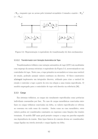 −Yps, enquanto que no acesso pelo terminal secund´ario ´e tomada a matriz −Yps
T
(= −Ysp).
p s
2
1 1
pp ps
α αβ
⎡ ⎤ ⎡ ⎤+⎣ ⎦ ⎣ ⎦Y Y [ ]2
1 1
ss sp
β αβ
⎡ ⎤+
⎣ ⎦
Y Y
{ }1
,
ps sp
αβ
⎡ ⎤ ⎡ ⎤−
⎣ ⎦ ⎣ ⎦
Y Y
Figura 3.4: Representa¸c˜ao π-equivalente do transformador de dois enrolamentos
3.3.2.2 Transformador com Variação Automática de Tape
Transformadores trif´asico com varia¸c˜ao autom´atica de tape (LTC) s˜ao modelados
com emprego da mesma estrutura π-equivalente da Figura 3.4, acrescentando-se um
controlador de tape. Neste caso, o tape prim´ario ou secund´ario se torna uma vari´avel
de estado, podendo assumir valores cont´ınuos ou discretos. O bloco construtivo
zIntegrd implementa um integrador discreto, utilizado para criar a vari´avel de
estado e controlar o tape a partir do erro em rela¸c˜ao a uma tens˜ao especiﬁcada. O
modelo empregado para o controlador de tape est´a descrito na referˆencia [90].
3.3.3 Carga
Em sistemas trif´asicos, as cargas s˜ao usualmente especiﬁcadas como potˆencias
individuais consumidas por fase. No caso de cargas monof´asicas conectadas entre
fases ou cargas trif´asicas conectadas em delta, os valores especiﬁcados se referem
ao consumo em cada ramo da conex˜ao. Assim como no caso monof´asico, estes
valores podem ser considerados constantes ou expressos como fun¸c˜oes das tens˜oes
terminais. O modelo ZIP mais geral permite compor a carga em parcelas segundo
sua dependˆencia da tens˜ao. Dois tipos b´asicos de conex˜ao devem ser considerados:
cargas ligadas em estrela aterrada e cargas ligadas em delta.
62
 
