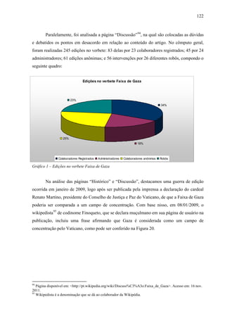 122
Paralelamente, foi analisada a página “Discussão”94
, na qual são colocadas as dúvidas
e debatidos os pontos em desacordo em relação ao conteúdo do artigo. No cômputo geral,
foram realizadas 245 edições no verbete: 83 delas por 23 colaboradores registrados; 45 por 24
administradores; 61 edições anônimas; e 56 intervenções por 26 diferentes robôs, compondo o
seguinte quadro:
Gráfico 1 – Edições no verbete Faixa de Gaza
Na análise das páginas “Histórico” e “Discussão”, destacamos uma guerra de edição
ocorrida em janeiro de 2009, logo após ser publicada pela imprensa a declaração do cardeal
Renato Martino, presidente do Conselho de Justiça e Paz do Vaticano, de que a Faixa de Gaza
poderia ser comparada a um campo de concentração. Com base nisso, em 08/01/2009, o
wikipedista95
de codinome Finoqueto, que se declara muçulmano em sua página de usuário na
publicação, incluiu uma frase afirmando que Gaza é considerada como um campo de
concentração pelo Vaticano, como pode ser conferido na Figura 20.
94
Página disponível em: <http://pt.wikipedia.org/wiki/Discuss%C3%A3o:Faixa_de_Gaza>. Acesso em: 16 nov.
2011.
95
Wikipedista é a denominação que se dá ao colaborador da Wikipédia.
Edições no verbete Faixa de Gaza
34%
18%
25%
23%
Colaboradores Registrados Administradores Colaboradores anônimos Robôs
 
