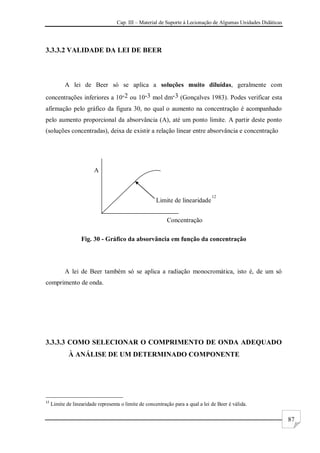 Cap. III – Material de Suporte à Lecionação de Algumas Unidades Didáticas
87
3.3.3.2 VALIDADE DA LEI DE BEER
A lei de Beer só se aplica a soluções muito diluídas, geralmente com
concentrações inferiores a 10-2 ou 10-3 mol dm-3 (Gonçalves 1983). Podes verificar esta
afirmação pelo gráfico da figura 30, no qual o aumento na concentração é acompanhado
pelo aumento proporcional da absorvância (A), até um ponto limite. A partir deste ponto
(soluções concentradas), deixa de existir a relação linear entre absorvância e concentração
12
Fig. 30 - Gráfico da absorvância em função da concentração
A lei de Beer também só se aplica a radiação monocromática, isto é, de um só
comprimento de onda.
3.3.3.3 COMO SELECIONAR O COMPRIMENTO DE ONDA ADEQUADO
À ANÁLISE DE UM DETERMINADO COMPONENTE
12
Limite de linearidade representa o limite de concentração para a qual a lei de Beer é válida.
Limite de linearidade
A
Concentração
 