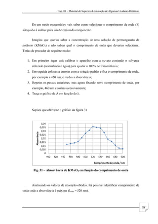 Cap. III – Material de Suporte à Lecionação de Algumas Unidades Didáticas
88
De um modo esquemático vais saber como selecionar o comprimento de onda (λ)
adequado à análise para um determinado componente.
Imagina que querias saber a concentração de uma solução de permanganato de
potássio (KMnO4) e não sabias qual o comprimento de onda que deverias selecionar.
Terias de proceder do seguinte modo:
1. Em primeiro lugar vais calibrar o aparelho com a cuvete contendo o solvente
utilizado (normalmente água) para ajustar o 100% de transmitância;
2. Em seguida colocas a cuvetes com a solução padrão e fixa o comprimento de onda,
por exemplo a 450 nm, e medes a absorvância;
3. Repetes os passos anteriores, mas agora fixando novo comprimento de onda, por
exemplo, 460 nm e assim sucessivamente;
4. Traça o gráfico da A em função do λ.
Supões que obtiveste o gráfico da figura 31
Fig. 31 – Absorvância de KMnO4 em função do comprimento de onda
Analisando os valores de absorção obtidos, foi possível identificar comprimento de
onda onde a absorvância é máxima (λmáx =.520 nm).
0
0,005
0,01
0,015
0,02
0,025
0,03
0,035
0,04
400 420 440 460 480 500 520 540 560 580 600
Absorvância
Comprimento de onda / nm
 