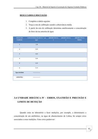 Cap. III – Material de Suporte à Lecionação de Algumas Unidades Didáticas
92
RESULTADOS E DISCUSSÃO
1. Completa a tabela seguinte
2. Traça a reta de calibração usando a absorvância média
3. A partir da reta de calibração determina analiticamente a concentração
de ferro da tua amostra de água
SOLUÇÃO
PADRÃO
CONCENTRAÇÃO DE Fe 2+
em
mg/L
ABSORVÂNCIA
1
ABSORVÂNCIA
2
ABSORVÂNCIA
MÉDIA
1 1,00
2 0,80
3 0,60
4 0,40
5 0,20
6 0,10
Água destilada ----------------
AMOSTRA ----------------
3.4 UNIDADE DIDÁTICA IV – ERROS, EXATIDÃO E PRECISÃO E
LIMITE DE DETEÇÃO
Quando estás no laboratório a fazer medições, por exemplo, a determinares a
concentração de um antibiótico, na água de abastecimento de Lisboa, há sempre erros
associadas a essas medições. Estes erros podem ser:
 