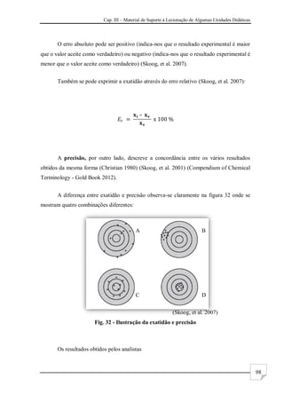 Cap. III – Material de Suporte à Lecionação de Algumas Unidades Didáticas
98
O erro absoluto pode ser positivo (indica-nos que o resultado experimental é maior
que o valor aceite como verdadeiro) ou negativo (indica-nos que o resultado experimental é
menor que o valor aceite como verdadeiro) (Skoog, et al. 2007).
Também se pode exprimir a exatidão através do erro relativo (Skoog, et al. 2007):
A precisão, por outro lado, descreve a concordância entre os vários resultados
obtidos da mesma forma (Christian 1980) (Skoog, et al. 2001) (Compendium of Chemical
Terminology - Gold Book 2012).
A diferença entre exatidão e precisão observa-se claramente na figura 32 onde se
mostram quatro combinações diferentes:
(Skoog, et al. 2007)
Fig. 32 - Ilustração da exatidão e precisão
Os resultados obtidos pelos analistas
A B
C D
 