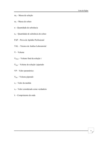 Lista de Siglas
v
mS – Massa de solução
ms – Massa de soluto
n – Quantidade de substância
ns – Quantidade de substância de soluto
PAP – Prova de Aptidão Profissional
TAL – Técnico de Análise Laboratorial
V – Volume
Vifinal – Volume final da solução i
Vipip – Volume de solução i pipetado
VP – Valor paramétrico
Vpip – Volume pipetado
xi – Valor da medida
xv – Valor considerado como verdadeiro
λ – Comprimento de onda
 