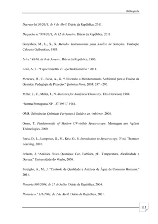 Bibliografia
113
Decreto-lei 50/2011, de 8 de Abril. Diário da República, 2011.
Despacho n.º 978/2011, de 12 de Janeiro. Diário da República, 2011.
Gonçalves, M., L., S., S. Métodos Instrumentais para Análise de Soluções. Fundação
Calouste Gulbenkian, 1983.
Lei n.º 46/86, de 8 de Janeiro. Diário da República, 1986.
Lenz, A., L. “Espectrometria e Espectrofotometria.” 2011.
Menezes, H., C., Faria, A., G. “Utilizando o Monitoramento Ambiental para o Ensino da
Química: Pedagógia de Projecto.” Química Nova, 2003: 287 - 290.
Miller, J., C., Miller, J., N. Statistics for Analytical Chemistry. Ellis Horwood, 1984.
“Norma Portuguesa NP - 37/1961.” 1961.
OMS. Substâncias Químicas Perigosas à Saúde e ao Ambiente. 2008.
Owen, T. Fundamentals of Modern UV-visible Spectroscopy. Montagem por Agilent
Technologies, 2000.
Pavia, D., L., Lampman, G., M., Kriz, G., S. Introduction to Spectroscopy. 3º ed. Thomson
Learning, 2001.
Peixoto, J. “Análises Físico-Químicas: Cor, Turbidez, pH, Temperatura, Alcalinidade e
Dureza.” Universidade do Minho, 2008.
Perdigão, A., M., J. “Controlo de Qualidade e Análises de Água de Consumo Humano.”
2011.
Portaria 890/2004, de 21 de Julho. Diário da República, 2004.
Portaria n.º 316/2001, de 2 de Abril. Diário da República, 2001.
 
