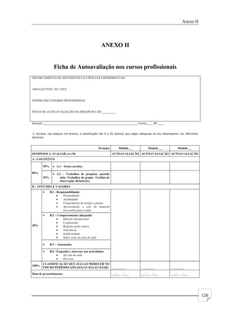 Anexo II
120
ANEXO II
Ficha de Autoavaliação nos cursos profissionais
DEPARTAMENTO DE MATEMÁTICA E CIÊNCIAS EXPERIMENTAIS
ANO LECTIVO: 2011/2012
ENSINO SECUNDÁRIO PROFISSIONAL
FICHA DE AUTO-AVALIAÇÃO DA DISCIPLINA DE _________
Aluno/a: _______________________________________________________________Turma:____ Nº ____
 Escreve, nos espaços em branco, a classificação (de 0 a 20 valores) que julgas adequada ao teu desempenho nos diferentes
domínios.
Períodos Módulo __ Módulo __ Módulo __
DOMÍNIOS A AVALIAR (A e B) AUTOAVALIAÇÃO AUTOAVALIAÇÃO AUTOAVALIAÇÃO
A - COGNITIVO
80%
50%  A.1 - Testes escritos.
30%
 A.2 – Trabalhos de pesquisa; questão
aula; Trabalhos de grupo; Grelhas de
observação. Relatórios;
B - ATITUDES E VALORES
20%
 B.1 - Responsabilidade:
 Pontualidade
 Assiduidade
 Cumprimento de tarefas e prazos
 Apresentação e zelo do material
necessário para a aula
 B.2 – Comportamento adequado:
 Relação interpessoal
 Cooperação
 Respeito pelos outros
 Tolerância
 Solidariedade
 Saber estar na sala de aula
 B.3 – Autonomia
 B.4 - Empenho e interesse nas actividades:
 Na sala de aula
 Em casa
100%
CLASSIFICAÇÃO QUE JULGAS MERECER NO
FIM DO PERÍODO/ANO (0,5xA1+0,3xA2+0,2xB): _________ _________ _________
Data de preenchimento: ___/__ _/___ ___/__ _/___ ___/__ _/___
 