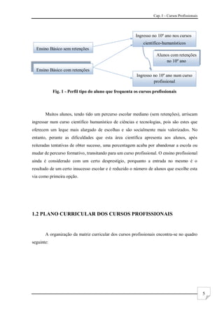 Cap. I – Cursos Profissionais
5
Fig. 1 - Perfil tipo do aluno que frequenta os cursos profissionais
Muitos alunos, tendo tido um percurso escolar mediano (sem retenções), arriscam
ingressar num curso científico humanístico de ciências e tecnologias, pois são estes que
oferecem um leque mais alargado de escolhas e são socialmente mais valorizados. No
entanto, perante as dificuldades que esta área científica apresenta aos alunos, após
reiteradas tentativas de obter sucesso, uma percentagem acaba por abandonar a escola ou
mudar de percurso formativo, transitando para um curso profissional. O ensino profissional
ainda é considerado com um certo desprestígio, porquanto a entrada no mesmo é o
resultado de um certo insucesso escolar e é reduzido o número de alunos que escolhe esta
via como primeira opção.
1.2 PLANO CURRICULAR DOS CURSOS PROFISSIONAIS
A organização da matriz curricular dos cursos profissionais encontra-se no quadro
seguinte:
Alunos com retenções
no 10º ano
Ensino Básico sem retenções
Ingresso no 10º ano nos cursos
científico-humanísticos
Ensino Básico com retenções
Ingresso no 10º ano num curso
profissional
 