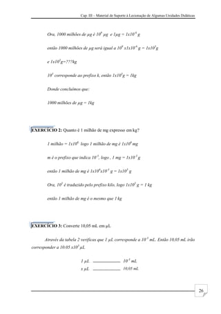 Cap. III – Material de Suporte à Lecionação de Algumas Unidades Didáticas
26
Ora, 1000 milhões de µg é 109
µg e 1µg = 1x10-6
g
então 1000 milhões de µg será igual a 109
x1x10-6
g = 1x103
g
e 1x103
g=???kg
103
corresponde ao prefixo k, então 1x103
g = 1kg
Donde concluímos que:
1000 milhões de µg = 1kg
EXERCÍCIO 2: Quanto é 1 milhão de mg expresso em kg?
1 milhão = 1x106,
logo 1 milhão de mg é 1x106
mg
m é o prefixo que indica 10-3
, logo , 1 mg = 1x10-3
g
então 1 milhão de mg é 1x106
x10-3
g = 1x103
g
Ora, 103
é traduzido pelo prefixo kilo, logo 1x103
g = 1 kg
então 1 milhão de mg é o mesmo que 1 kg
EXERCÍCIO 3: Converte 10,05 mL em µL
Através da tabela 2 verificas que 1 µL corresponde a 10-3
mL. Então 10,05 mL irão
corresponder a 10.05 x103
µL
1 µL 10-3
mL
x µL 10,05 mL
 