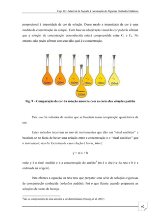 Cap. III – Material de Suporte à Lecionação de Algumas Unidades Didáticas
62
proporcional à intensidade da cor da solução. Desse modo a intensidade da cor é uma
medida da concentração da solução. Com base na observação visual da cor poderás afirmar
que a solução de concentração desconhecida estará compreendida entre C3 e C4. No
entanto, não podes afirmar com exatidão qual é a concentração.
Fig. 9 – Comparação da cor da solução amostra com as cores das soluções padrão
Para isso há métodos de análise que se baseiam numa comparação quantitativa da
cor.
Estes métodos recorrem ao uso de instrumentos que dão um “sinal analítico” e
baseiam-se no facto de haver uma relação entre a concentração e o “sinal analítico” que
o instrumento nos dá. Geralmente essa relação é linear, isto é:
y = m x + b
onde y é o sinal medido e x a concentração do analito8
(m é o declive da reta e b é a
ordenada na origem).
Para obteres a equação da reta tens que preparar uma série de soluções rigorosas
de concentração conhecida (soluções padrão). Foi o que fizeste quando preparaste as
soluções de sumo de laranja.
8
São os componentes de uma amostra a ser determinados (Skoog, et al. 2007)
C1 C2 C3 C4 C5 C6
Camostra
 