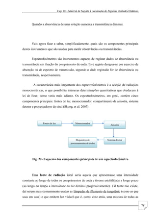 Cap. III – Material de Suporte à Lecionação de Algumas Unidades Didáticas
78
Quando a absorvância de uma solução aumenta a transmitância diminui.
Vais agora ficar a saber, simplificadamente, quais são os componentes principais
destes instrumentos que são usados para medir absorvâncias ou transmitâncias.
Espectrofotómetros são instrumentos capazes de registar dados de absorvância ou
transmitância em função do comprimento de onda. Este registo designa-se por espectro de
absorção ou de espectro de transmissão, segundo o dado registado for de absorvância ou
transmitância, respetivamente.
A característica mais importante dos espectrofotómetros é a seleção de radiações
monocromáticas, o que possibilita inúmeras determinações quantitativas que obedecem à
lei de Beer, como verás mais adiante. Os espectrofotómetros, em geral, contêm cinco
componentes principais: fontes de luz, monocromador, compartimento da amostra, sistema
detetor e processadores de sinal (Skoog, et al. 2007)
Fig. 22- Esquema dos componentes principais de um espectrofotómetro
Uma fonte de radiação ideal seria aquela que apresentasse uma intensidade
constante ao longo de todos os comprimentos de onda e tivesse estabilidade a longo prazo
(ao longo do tempo a intensidade da luz diminui progressivamente). Tal fonte não existe,
daí serem mais comummente usadas as lâmpadas de filamento de tungstênio (como as que
usas em casa) e que emitem luz visível que é, como viste atrás, uma mistura de todas as
Fontes de luz Monocromador
Amostra
Sistema detetor
Dispositivo de
processamentos de dados
 