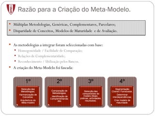 Razão para a Criação do Meta-Modelo. As metodologias a integrar foram seleccionadas com base: Homogeneidade / Facilidade de Comparação; Relações de Complementaridade; Reconhecimento / Utilização pelos Bancos. A criação do Meta-Modelo foi faseada: Múltiplas Metodologias, Genéricas, Complementares, Parcelares; Disparidade de Conceitos, Modelos de Maturidade  e de Avaliação. 