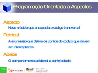 Aspecto Novo módulo que encapsula o código transversal Pointcut A expressão que define os pontos do código que devem ser interceptados Advice O comportamento adicional a ser injectado Programação Orientada a Aspectos 