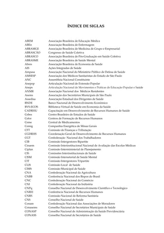 ÍNDICE DE SIGLAS

ABEM
ABEn
ABRAMGE
ABRASCÃO
ABRASCO
ABRASME
Abres
AIS
Ampasa
AMSESP
ANC
Anepop
Aneps
ANMR
Asems
Assedisa
BNDE
BVS-ECOS
CADRHU
Cebes
Cefor
Ceme
Cemig
CFT
CGDRHS
CGT
CIB
Cinaem
Ciplan
CIS
CISM
CIT
CLIS
CIMS
CNA
CNBB
CNC
CNI
CNPq
CNRH
CNRS
CNS
Conam
Conasems
CONASP
CONASS

Associação Brasileira de Educação Médica
Associação Brasileira de Enfermagem
Associação Brasileira de Medicina de Grupo e Empresarial
Congresso de Saúde Coletiva
Associação Brasileira de Pós-Graduação em Saúde Coletiva
Associação Brasileira de Saúde Mental
Associação Brasileira de Economia de Saúde
Ações Integradas de Saúde
Associação Nacional do Ministério Público de Defesa de Saúde
Associação dos Médicos Sanitaristas do Estado de São Paulo
Assembleia Nacional Constituinte
Articulação Nacional de Extensão Popular
Articulação Nacional de Movimentos e Práticas de Educação Popular e Saúde
Associação Nacional dos Médicos Residentes
Associação dos Secretários Municipais de São Paulo
Associação Estadual dos Dirigentes de Saúde
Banco Nacional de Desenvolvimento Econômico
Biblioteca Virtual de Saúde em Economia da Saúde
Capacitação em Desenvolvimento de Recursos Humanos de Saúde
Centro Brasileiro de Estudos de Saúde
Centros de Formação de Recursos Humanos
Central de Medicamentos
Companhia Energética de Minas Gerais
Comissão de Finanças e Tributação
Coordenação Geral de Desenvolvimento de Recursos Humanos
Confederação Nacional dos Trabalhadores
Comissão Intergestores Bipartite
Comissão Interinstitucional Nacional de Avaliação das Escolas Médicas
Comissão Interministerial de Planejamento
Comissões Interinstitucionais de Saúde
Comissão Intersetorial de Saúde Mental
Comissão Intergestores Tripartite
Comissão Local de Saúde
Comissão Municipal de Saúde
Confederação Nacional da Agricultura
Conferência Nacional dos Bispos do Brasil
Confederação Nacional do Comércio
Confederação Nacional da Indústria
Conselho Nacional de Desenvolvimento Científico e Tecnológico
Conferência Nacional de Recursos Humanos
Comissão Nacional de Reforma Sanitária
Conselho Nacional de Saúde
Confederação Nacional das Associações de Moradores
Conselho Nacional de Secretários Municipais de Saúde
Conselho Nacional de Administração da Saúde Previdenciária
Conselho Nacional de Secretários de Saúde

 