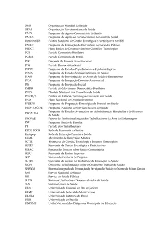 OMS
OPAS
PACS
PAFCS
ParticipaSUS
PASEP
PBDCT
PCB

Organização Mundial da Saúde
Organização Pan-Americana de Saúde

PCdoB

Partido Comunista do Brasil

PEC
PDS
PEPPE
PESES
PIASS
PIDA
PIS
PMDB
PNCS
PNCTI/S
PND
PPREPS
PREV-SAÚDE

Proposta de Ementa Constitucional
Partido Democrático Social
Programa de Estudos Populacionais e Epidemiológicos
Programa de Estudos Socioeconômicos em Saúde
Programa de Interiorização de Ações de Saúde e Saneamento
Programa de Integração Docente-Assistencial
Programa de Integração Social
Partido do Movimento Democrático Brasileiro
Plenária Nacional dos Conselhos de Saúde
Política de Ciência, Tecnologia e Inovação em Saúde
Plano Nacional de Desenvolvimento
Programa de Preparação Estratégica de Pessoal em Saúde
Programa Nacional de Serviços Básicos de Saúde
Programa de Estudos Avançados em Administração Hospitalar e de Sistemas
de Saúde
Projeto de Profissionalização dos Trabalhadores da Área de Enfermagem

PROAHSA
PROFAE
PSF
PT
REDE ECOS
Redepop
REME
SCTIE
SEGEP
SESAC
SESU
SGP
SGTES
SIOPS
SISSNM
SNS
SSP
SUDS
SUS
UERJ
UFMT
ULBRA
UNB
UNDIME

Programa de Agente Comunitário de Saúde
Programa de Apoio ao Fortalecimento do Controle Social
Política Nacional de Gestão Estratégica e Participativa no SUS
Programa de Formação do Patrimônio do Servidor Público
Plano Básico de Desenvolvimento Científico-Tecnológico
Partido Comunista Brasileiro

Programa Saúde da Família
Partido dos Trabalhadores
Rede de Economia da Saúde
Rede de Educação Popular e Saúde
Movimento de Renovação Médica
Secretaria de Ciência, Tecnologia e Insumos Estratégicos
Secretaria de Gestão Estratégica e Participativa
Semana de Estudos sobre Saúde Comunitária
Secretaria de Ensino Superior
Sistema de Gerência de Projetos
Secretaria de Gestão do Trabalho e da Educação na Saúde
O Sistema de Informação sobre o Orçamento Público de Saúde
Sistema Integrado de Prestação de Serviços de Saúde no Norte de Minas Gerais
Serviço Nacional de Saúde
Serviço de Saúde Pública
Sistemas Unificados e Descentralizados de Saúde
Sistema Único de Saúde
Universidade Estadual do Rio de Janeiro
Universidade Federal do Mato Grosso
Universidade Luterana do Brasil
Universidade de Brasília
União Nacional dos Dirigentes Municipais de Educação

 
