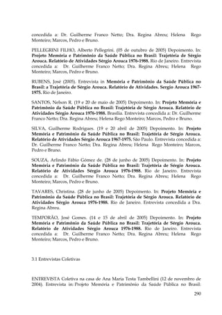 concedida a: Dr. Guilherme Franco Netto; Dra. Regina Abreu; Helena
Monteiro; Marcos, Pedro e Bruno.

Rego

PELLEGRINI FILHO, Alberto Pellegrini. (05 de outubro de 2005) Depoimento. In:
Projeto Memória e Patrimônio da Saúde Pública no Brasil: Trajetória de Sérgio
Arouca. Relatório de Atividades Sérgio Arouca 1976-1988. Rio de Janeiro. Entrevista
concedida a: Dr. Guilherme Franco Netto; Dra. Regina Abreu; Helena Rego
Monteiro; Marcos, Pedro e Bruno.
RUBENS, José (2005). Entrevista in Memória e Patrimônio da Saúde Pública no
Brasil: a Trajetória de Sérgio Arouca. Relatório de Atividades. Sergio Arouca 19671975. Rio de Janeiro.
SANTOS, Nelson R. (19 e 20 de maio de 2005) Depoimento. In: Projeto Memória e
Patrimônio da Saúde Pública no Brasil: Trajetória de Sérgio Arouca. Relatório de
Atividades Sérgio Arouca 1976-1988. Brasília. Entrevista concedida a: Dr. Guilherme
Franco Netto; Dra. Regina Abreu; Helena Rego Monteiro; Marcos, Pedro e Bruno.
SILVA, Guilherme Rodrigues. (19 e 20 abril de 2005) Depoimento. In: Projeto
Memória e Patrimônio da Saúde Pública no Brasil: Trajetória de Sérgio Arouca.
Relatório de Atividades Sérgio Arouca 1967-1975. São Paulo. Entrevista concedida a:
Dr. Guilherme Franco Netto; Dra. Regina Abreu; Helena Rego Monteiro; Marcos,
Pedro e Bruno.
SOUZA, Arlindo Fábio Gómez de. (28 de junho de 2005) Depoimento. In: Projeto
Memória e Patrimônio da Saúde Pública no Brasil: Trajetória de Sérgio Arouca.
Relatório de Atividades Sérgio Arouca 1976-1988. Rio de Janeiro. Entrevista
concedida a: Dr. Guilherme Franco Netto; Dra. Regina Abreu; Helena Rego
Monteiro; Marcos, Pedro e Bruno.
TAVARES, Christina. (28 de junho de 2005) Depoimento. In: Projeto Memória e
Patrimônio da Saúde Pública no Brasil: Trajetória de Sérgio Arouca. Relatório de
Atividades Sérgio Arouca 1976-1988. Rio de Janeiro. Entrevista concedida a Dra.
Regina Abreu.
TEMPORÃO, José Gomes. (14 e 15 de abril de 2005) Depoimento. In: Projeto
Memória e Patrimônio da Saúde Pública no Brasil: Trajetória de Sérgio Arouca.
Relatório de Atividades Sérgio Arouca 1976-1988. Rio de Janeiro. Entrevista
concedida a: Dr. Guilherme Franco Netto; Dra. Regina Abreu; Helena Rego
Monteiro; Marcos, Pedro e Bruno.

3.1 Entrevistas Coletivas

ENTREVISTA Coletiva na casa de Ana Maria Testa Tambellini (12 de novembro de
2004). Entrevista in: Projeto Memória e Patrimônio da Saúde Pública no Brasil:
290

 