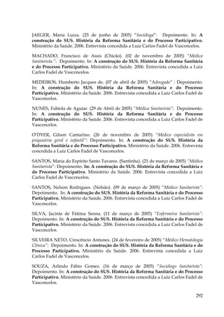 JAEGER, Maria Luiza. (25 de junho de 2005) “Socióloga”: Depoimento. In: A
construção do SUS. História da Reforma Sanitária e do Processo Participativo.
Ministério da Saúde. 2006. Entrevista concedida a Luiz Carlos Fadel de Vasconcelos.
MACHADO, Francisco de Assis (Chicão). (02 de novembro de 2005) “Médico
Sanitarista.”: Depoimento. In: A construção do SUS. História da Reforma Sanitária
e do Processo Participativo. Ministério da Saúde. 2006. Entrevista concedida a Luiz
Carlos Fadel de Vasconcelos.
MEDEIROS, Humberto Jacques de. (07 de abril de 2005) “Advogado” : Depoimento.
In: A construção do SUS. História da Reforma Sanitária e do Processo
Participativo. Ministério da Saúde. 2006. Entrevista concedida a Luiz Carlos Fadel de
Vasconcelos.
NUNES, Fabíola de Aguiar. (29 de Abril de 2005) “Médica Sanitarista”: Depoimento.
In: A construção do SUS. História da Reforma Sanitária e do Processo
Participativo. Ministério da Saúde. 2006. Entrevista concedida a Luiz Carlos Fadel de
Vasconcelos.
O’DYER, Gilson Cantarino. (26 de novembro de 2005) “Médico especialista em
psiquiatria geral e infantil”: Depoimento. In: A construção do SUS. História da
Reforma Sanitária e do Processo Participativo. Ministério da Saúde. 2006. Entrevista
concedida a Luiz Carlos Fadel de Vasconcelos.
SANTOS, Maria do Espírito Santo Tavares. (Santinha). (21 de março de 2005) “Médica
Sanitarista”: Depoimento. In: A construção do SUS. História da Reforma Sanitária e
do Processo Participativo. Ministério da Saúde. 2006. Entrevista concedida a Luiz
Carlos Fadel de Vasconcelos.
SANTOS, Nelson Rodrigues. (Nelsão). (09 de março de 2005) “Médico Sanitarista”:
Depoimento. In: A construção do SUS. História da Reforma Sanitária e do Processo
Participativo. Ministério da Saúde. 2006. Entrevista concedida a Luiz Carlos Fadel de
Vasconcelos.
SILVA, Jacinta de Fátima Senna. (11 de março de 2005) “Enfermeira Sanitarista”:
Depoimento. In: A construção do SUS. História da Reforma Sanitária e do Processo
Participativo. Ministério da Saúde. 2006. Entrevista concedida a Luiz Carlos Fadel de
Vasconcelos.
SILVEIRA NETO, Crescêncio Antunes. (24 de fevereiro de 2005) “Médico Hematologia
Clínica”: Depoimento. In: A construção do SUS. História da Reforma Sanitária e do
Processo Participativo. Ministério da Saúde. 2006. Entrevista concedida a Luiz
Carlos Fadel de Vasconcelos.
SOUZA, Arlindo Fábio Gomez. (16 de março de 2005) “Sociólogo Sanitarista”:
Depoimento. In: A construção do SUS. História da Reforma Sanitária e do Processo
Participativo. Ministério da Saúde. 2006. Entrevista concedida a Luiz Carlos Fadel de
Vasconcelos.
292

 