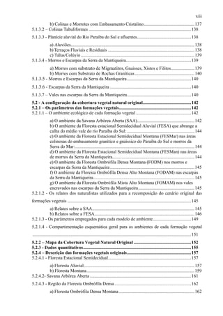 xiii
          b) Colinas e Morrotes com Embasamento Cristalino............................................. 137
5.1.3.2 – Colinas Tabuliformes ...........................................................................................138
5.1.3.3 - Planície aluvial do Rio Paraíba do Sul e afluentes................................................138
          a) Aluviões.............................................................................................................. 138
          b) Terraços Fluviais e Residuais .............................................................................138
          c) Tálus/Colúvio ..................................................................................................... 139
5.1.3.4 - Morros e Escarpas da Serra da Mantiqueira..........................................................139
          a) Morros com substrato de Migmatitos, Gnaisses, Xistos e Filitos.....................139
          b) Morros com Substrato de Rochas Graníticas .....................................................140
5.1.3.5 - Morros e Escarpas da Serra da Mantiqueira .........................................................140
5.1.3.6 - Escarpas da Serra da Mantiqueira ........................................................................140
5.1.3.7 – Vales nas escarpas da Serra da Mantiqueira.........................................................140
5.2 - A configuração da cobertura vegetal natural original...........................................142
5.2.1 – Os parâmetros das formações vegetais................................................................142
5.2.1.1 – O ambiente ecológico de cada formação vegetal .................................................142
          a) O ambiente da Savana Arbórea Aberta (SAA)................................................... 142
          b) O ambiente da Floresta estacional Semidecidual Aluvial (FESA) que abrange a
          calha do médio vale do rio Paraíba do Sul: ............................................................ 144
          c) O ambiente da Floresta Estacional Semidecidual Montana (FESMar) nas áreas
          colinosas do embasamento granítico e gnáissico do Paraíba do Sul e morros da
          Serra do Mar: .......................................................................................................... 144
          d) O ambiente da Floresta Estacional Semidecidual Montana (FESMan) nas áreas
          de morros da Serra da Mantiqueira......................................................................... 144
          e) O ambiente da Floresta Ombrófila Densa Montana (FODM) nos morros e
          escarpas da Serra da Mantiqueira ........................................................................... 145
          f) O ambiente da Floresta Ombrófila Densa Alto Montana (FODAM) nas escarpas
          da Serra da Mantiqueira.......................................................................................... 145
          g) O ambiente da Floresta Ombrófila Mista Alto Montana (FOMAM) nos vales
          encravados nas escarpas da Serra da Mantiqueira.................................................. 145
5.2.1.2 - Os relatos dos naturalistas utilizados para a recomposição do cenário original das
formações vegetais ..............................................................................................................145
           a) Relatos sobre a SAA........................................................................................... 145
           b) Relatos sobre a FESA......................................................................................... 146
5.2.1.3 - Os parâmetros empregados para cada modelo de ambiente..................................149
5.2.1.4 - Compartimentação esquemática geral para os ambientes de cada formação vegetal
.............................................................................................................................................151
5.2.2 – Mapa da Cobertura Vegetal Natural Original ...................................................152
5.2.3 - Dados quantitativos................................................................................................155
5.2.4 – Descrição das formações vegetais originais.........................................................157
5.2.4.1 - Floresta Estacional Semidecidual..........................................................................157
          a) Floresta Aluvial .................................................................................................. 157
          b) Floresta Montana................................................................................................ 159
5.2.4.2- Savana Arbórea Aberta ..........................................................................................161
5.2.4.3 - Região da Floresta Ombrófila Densa ....................................................................162
               a) Floresta Ombrófila Densa Montana ................................................................... 162
 
