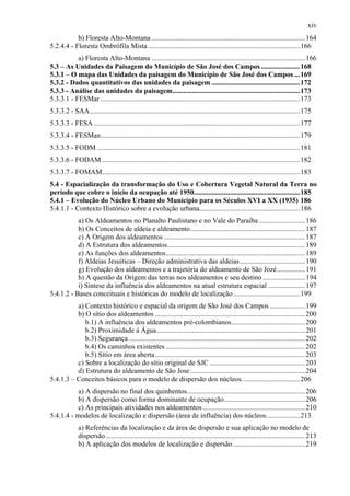xiv
           b) Floresta Alto-Montana ....................................................................................... 164
5.2.4.4 - Floresta Ombrófila Mista ......................................................................................166
           a) Floresta Alto-Montana ....................................................................................... 166
5.3 – As Unidades da Paisagem do Município de São José dos Campos ......................168
5.3.1 – O mapa das Unidades da paisagem do Município de São José dos Campos ...169
5.3.2 - Dados quantitativos das unidades da paisagem ..................................................172
5.3.3 - Análise das unidades da paisagem........................................................................173
5.3.3.1 - FESMar .................................................................................................................173
5.3.3.2 - SAA.......................................................................................................................175
5.3.3.3 - FESA .....................................................................................................................177
5.3.3.4 - FESMan.................................................................................................................179
5.3.3.5 - FODM ...................................................................................................................181
5.3.3.6 - FODAM ................................................................................................................182
5.3.3.7 - FOMAM................................................................................................................183
5.4 - Espacialização da transformação do Uso e Cobertura Vegetal Natural da Terra no
período que cobre o início da ocupação até 1950............................................................185
5.4.1 – Evolução do Núcleo Urbano do Município para os Séculos XVI a XX (1935) 186
5.4.1.1 - Contexto Histórico sobre a evolução urbana.........................................................186
           a) Os Aldeamentos no Planalto Paulistano e no Vale do Paraíba .......................... 186
           b) Os Conceitos de aldeia e aldeamento................................................................. 187
           c) A Origem dos aldeamentos ................................................................................ 187
           d) A Estrutura dos aldeamentos.............................................................................. 189
           e) As funções dos aldeamentos............................................................................... 189
           f) Aldeias Jesuíticas – Direção administrativa das aldeias .....................................190
           g) Evolução dos aldeamentos e a trajetória do aldeamento de São Jozé................ 191
           h) A questão da Origem das terras nos aldeamentos e seu destino ........................ 194
           i) Síntese da influência dos aldeamentos na atual estrutura espacial .....................197
5.4.1.2 - Bases conceituais e históricas do modelo de localização......................................199
          a) Contexto histórico e espacial da origem de São José dos Campos .................... 199
          b) O sítio dos aldeamentos ..................................................................................... 200
             b.1) A influência dos aldeamentos pré-colombianos..........................................200
             b.2) Proximidade à Água .................................................................................... 201
             b.3) Segurança .................................................................................................... 202
             b.4) Os caminhos existentes ............................................................................... 202
             b.5) Sítio em área aberta ..................................................................................... 203
          c) Sobre a localização do sítio original de SJC ...................................................... 203
          d) Estrutura do aldeamento de São Jose .................................................................204
5.4.1.3 – Conceitos básicos para o modelo de dispersão dos núcleos.................................206
           a) A dispersão no final dos quinhentos................................................................... 206
           b) A dispersão como forma dominante de ocupação..............................................206
           c) As principais atividades nos aldeamentos .......................................................... 210
5.4.1.4 - modelos de localização e dispersão (área de influência) dos núcleos...................213
              a) Referências da localização e da área de dispersão e sua aplicação no modelo de
              dispersão ................................................................................................................. 213
              b) A aplicação dos modelos de localização e dispersão .........................................219
 