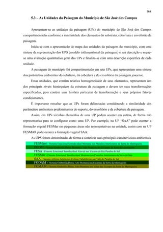 168
     5.3 – As Unidades da Paisagem do Município de São José dos Campos


     Apresentam-se as unidades da paisagem (UPs) do município de São José dos Campos
compartimentadas conforme a similaridade dos elementos do substrato, cobertura e envoltório da
paisagem.
     Inicia-se com a apresentação do mapa das unidades da paisagem do município, com uma
síntese da representação dos UPS (modelo tridimensional da paisagem) e sua descrição e segue-
se uma avaliação quantitativa geral das UPs e finaliza-se com uma descrição específica de cada
unidade.
     A paisagem do município foi compartimentado em sete UPs, que representam uma síntese
dos parâmetros ambientais do substrato, da cobertura e do envoltório da paisagem joseense.
     Estas unidades, que contém relativa homogeneidade de seus elementos, representam um
dos principais níveis hierárquicos da estrutura da paisagem e devem ter suas transformações
especificadas, pois contém uma história particular de transformação e seus próprios fatores
condicionantes.
     É importante ressaltar que as UPs foram delimitadas considerando a similaridade dos
parâmetros ambientais predominantes do suporte, do envoltório e da cobertura da paisagem.
     Assim, em UPs vizinhas elementos de uma UP podem ocorrer em outras, de forma não
representativa para se configurar como uma UP. Por exemplo, na UP “SAA” pode ocorrer a
formação vegetal FESMar em pequenas áreas não representativas na unidade, assim com na UP
FESMAR pode ocorrer a formação vegetal SAA.
     As UPS foram denominadas de forma a sintetizar suas principais características ambientais
        FESMant - Floresta Estacional Semidecidual Montana nos Planaltos Interioranos da Serra do Mantiqueira
        FODM - Floresta Ombrófila Densa Montana e Alto Montana nas Escarpas da Serra da Mantiqueira
        FESA - Floresta Estacional Semidecidual Aluvial nas Várzeas do Rio Paraíba do Sul
        FESMar - Floresta Estacional Semidecidual Montana nos Planaltos Interioranos da Serra do Mar
        SAA - Savana Arbórea Aberta nas Colinas Tabuliformes do Vale do Paraíba do Sul
        FODAM - Floresta Ombrófila Densa Alto Montana nas Escarpas da Serra da Mantiqueira
        FOMAM - Floresta Ombrófila Mista Alto-Montana nos Vales das Escarpas da Serra da Mantiqueira
 