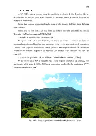 181
      5.3.3.5 - FODM
      A UP FODM ocorre na parte norte do município, no distrito de São Francisco Xavier,
delimitada na sua parte sul pelas Serras do Guirra e Roncador e a norte pelas mais altas escarpas
da Serra da Mantiqueira.
      Possui área contínua se estendendo pelas serras e vales dos rios do Peixe, Santa Bárbara e
seus afluentes.
      Limita-se a sul com a FESMan e na forma de enclaves nos vales encaixados na serra do
Roncador e da Mantiqueira com a UP FOMAM.
      A figura 5.37 apresenta uma síntese desta UP.
      O suporte desta UP é caracterizado pelo relevo de morros e escarpas da Serra da
Mantiqueira, em faixas altimétricas que variam dos 800 a 1500m, com substrato de migmatitos,
xilitos e filitos pequenas manchas sob rochas graníticas. O solo predominante é o cambissolo,
ocorrendo em menores proporções os podzolos (nos morros) e os litossolos (no topo das
escarpas).
      A cobertura original desta UP era a Floresta Ombrófila Densa Montana (FODM).
      O envoltório desta UP é marcado pelo clima tropical ombrófilo de altitude, com
precipitação média anual de 1900 a 2000mm e temperatura anual média das máximas de 17,5oC
e média das mínimas de 10oC.




                   Fig. 5.37 – Aspecto geral das UP FODM em São Francisco Xavier
 