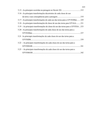 xxii
5.15 - As principais ocorridas na paisagem no Século XX .......................................315
5.16 - As principais transformações decorrentes de cada classe de uso
      da terra e suas conseqüências para a paisagem.................................................319
5.17 - As principais transformações de cada uso das terras para a UP FESMar........329
5.18 - As principais transformações de classe de uso das terras para UP SAA.........331
5.19 - As principais transformações de classe de uso das terras para a UP FESA ...333
5.20 - As principais transformações de cada classe de uso das terras para a
      UP FESMan ......................................................................................................337
5.21 As princiapis transformações de cada classe do uso das terras para a
      UP FODM.........................................................................................................339
5.22 - As principais transformações de cada classe de uso das terras para a
      UP FODAM......................................................................................................341
5.23 - As principais transformações de cada classe de uso das terras para a
      UP FOMAM .....................................................................................................342
 