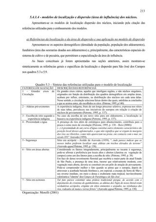 213
       5.4.1.4 - modelos de localização e dispersão (área de influência) dos núcleos.
         Apresentam-se os modelos de localização dispersão dos núcleos, iniciando pela citação das
referências utilizadas para o embasamento dos modelos.


    a) Referências da localização e da área de dispersão e sua aplicação no modelo de dispersão
         Apresentam-se os aspectos demográficos (densidade da população, população dos aldeamentos),
fundiários (área das sesmarias doadas aos aldeamentos) e, principalmente, das características espaciais do
sistema de cultivo e de pecuária, que permitiram a espacialização da área de influência.
         As bases conceituais já foram apresentadas nas seções anteriores, assim mostram-se
sinteticamente as referências gerais e específicas da localização e dispersão para São José dos Campos
nos quadros 5.3 a 5.9.



            Quadro 5.3 – Síntese das referências utilizadas para o modelo de localização
FATORES LOCALIZAÇÃO              DESCRIÇÃO DAS REFERÊNCIAS
1 – Grandes eixos de             Os grandes eixos viários, aqueles que interligam regiões, e não núcleos singulares,
Circulação                       originados em função da distribuição dos quadros demográficos em amplas áreas,
                                 acabam por influir, entretanto, na distribuição dos núcleos em cada uma delas.
                                 Nesse sentido, a circulação seleciona faixas dentro das quais, satisfeitas as conclusões
                                 a que se acenou antes, são escolhidos os sítios. (Petrone, 1995, p.140).
2 – Aldeias pré-existentes       A experiência indígena, fruto de um longo processo seletivo, expressa nos sítios
                                 de suas tabas, prevaleceu nas iniciativas do europeu em relação à criação de
                                 núcleos de povoamento (Petrone, 1995, p. 137).
3 – Escolha do sítio segundo a   No caso da escolha de um novo sítio para um aldeamento, a localização se
     experiência indígena        baseava na experiência indígena (Petrone, 1995, p. 137).
4 – Proximidade a água           A presença de rios além de estratégica para abastecimento, contribuía para a
                                 pesca e como meio de circulação (Petrone, 1995, p. 138 – Reis (2000))
                                 (...) A proximidade de um curso d'água constitui outro elemento característico da
                                 posição local desses aglomerados, o que não significa que se ergam às margens
                                 dos rios ou ribeirões, como não apareciam na praia, em contacto com o mar, no
                                 século XVI” Azevedo (1959).
5 - Segurança                    Sítio em acrópole - Aroldo de Azevedo (1959), “...tudo parece indicar que os
                                 nossos índios preferem localizar suas aldeias em trechos elevados do terreno”
                                 (Azevedo appud Petrone, 1995, p. 138).
6 – Sítio em áreas abertas       Considerando os fatores integradamente, principalmente no tocante à segurança,
                                 pode-se afirmar a preferência por locais altos e abertos (clareiras ou vegetação de
                                 campos) como um dos fatores para a escolha do sítio. (Petrone, 1995, p. 38)
                                 Em face do denso revestimento florestal que recobria a maior parte do atual Estado
                                 de São Paulo, a presença de uma área, mesmo que relativamente modesta, com
                                 vegetação mais aberta, deveria se constituir em um pólo de atração do povoamento.
                                 Pode-se compreender melhor o fato quando se pensa que o europeu, depois de
                                 atravessar a acanhada baixada litorânea e, em especial, a escarpa da Serra do Mar e
                                 seu reverso imediato, em meio a densa e exuberante mata tropical, inevitavelmente
                                 valorizaria a "clareira" dos Campos de Paraitinga e de São José.
7 – Sítio em ecótones            Tal fato parece constituir uma prática tradicional porque, de acordo com o
                                 depoimento de cronistas do quinhentismo, as aldeias dos Tupis de nosso litoral eram
                                 verdadeiras acrópoles, erigidas em sítios eminentes e arejados, na vizinhança dos
                                 rios, rodeados de matas e terras férteis” (Azevedo appud Petrone, 1995, p. 138)
Organização: Morelli (2001)
 