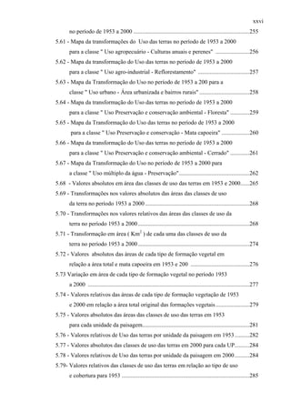 xxvi
      no período de 1953 a 2000 ...............................................................................255
5.61 - Mapa da transformações do Uso das terras no período de 1953 a 2000
      para a classe " Uso agropecuário - Culturas anuais e perenes" .......................256
5.62 - Mapa da transformação do Uso das terras no período de 1953 a 2000
      para a classe " Uso agro-industrial - Reflorestamento" ...................................257
5.63 - Mapa da Transformação do Uso no período de 1953 a 200 para a
      classe " Uso urbano - Área urbanizada e bairros rurais" ..................................258
5.64 - Mapa da transformação do Uso das terras no período de 1953 a 2000
      para a classe " Uso Preservação e conservação ambiental - Floresta" .............259
5.65 - Mapa da Transformação do Uso das terras no período de 1953 a 2000
      para a classe " Uso Preservação e conservação - Mata capoeira" ...................260
5.66 - Mapa da transformação do Uso das terras no período de 1953 a 2000
      para a classe " Uso Preservação e conservação ambiental - Cerrado" .............261
5.67 - Mapa da Transformação do Uso no período de 1953 a 2000 para
      a classe " Uso múltiplo da água - Preservação"................................................262
5.68 - Valores absolutos em área das classes de uso das terras em 1953 e 2000......265
5.69 - Transformações nos valores absolutos das áreas das classes de uso
      da terra no período 1953 a 2000 .......................................................................268
5.70 - Transformações nos valores relativos das áreas das classes de uso da
      terra no período 1953 a 2000 ............................................................................268
5.71 - Transformação em área ( Km2 ) de cada uma das classes de uso da
      terra no período 1953 a 2000 ............................................................................274
5.72 - Valores absolutos das áreas de cada tipo de formação vegetal em
      relação a área total e mata capoeira em 1953 e 200 ........................................276
5.73 Variação em área de cada tipo de formação vegetal no período 1953
      a 2000 ..............................................................................................................277
5.74 - Valores relativos das áreas de cada tipo de formação vegetação de 1953
      e 2000 em relação a área total original das formações vegetais .......................279
5.75 - Valores absolutos das áreas das classes de uso das terras em 1953
      para cada unidade da paisagem.........................................................................281
5.76 - Valores relativos de Uso das terras por unidade da paisagem em 1953 ..........282
5.77 - Valores absolutos das classes de uso das terras em 2000 para cada UP..........284
5.78 - Valores relativos de Uso das terras por unidade da paisagem em 2000 ..........284
5.79- Valores relativos das classes de uso das terras em relação ao tipo de uso
      e cobertura para 1953 .......................................................................................285
 