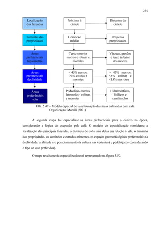 235

   Localização                    Próximas à                       Distantes da
   das fazendas                     cidade                           cidade


  Tamanho das                     Grandes e                         Pequenas
  propriedades                     médias                         propriedades


      Áreas                       Terço superior                  Várzeas, grotões
   preferenciais                 morros e colinas e               e terço inferior
   hipsometria                       morrotes                       dos morros


      Áreas                        < 45% morros,                  > 45% morros,
   preferenciais                   >5% colinas e                  <5% colinas e
    declividade                       morrotes                    <15% morrotes


      Áreas                      Podzólicos-morros                 Hidromórficos,
   preferênciais                 latossolos - colinas                litólicos e
       solo                      e morrotes                         cambissolos

          FIG. 5.47 – Modelo espacial de transformação das áreas cultivadas com café
                    Organização: Morelli (2001)


       A segunda etapa foi espacializar as áreas preferenciais para o cultivo na época,
considerando a lógica de ocupação pelo café. O modelo de espacialização considerou a
localização das principais fazendas, a distância de cada uma delas em relação à vila, o tamanho
das propriedades, os caminhos e estradas existentes. os espaços geomorfológicos preferenciais (a
declividade, a altitude e o posicionamento da cultura nas vertentes) e pedológicos (considerando
o tipo de solo preferidos).

       O mapa resultante da espacialização está representado na figura 5.50.
 