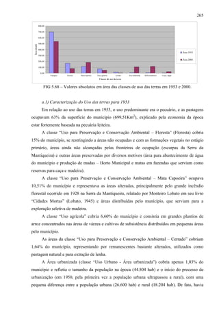 265

               800,00

               700,00

               600,00

               500,00
  Área (km2)




               400,00
                                                                                                                                             Área 1953
               300,00
                                                                                                                                             Área 2000
               200,00

               100,00

                 0,00
                        Pastagem   Floresta   Mata-capoeira   Área_agrícola      cerrado   Área urbanizada   Reflorestamento   Corpo_dagua

                                                                Classes de uso da terra


                    FIG 5.68 – Valores absolutos em área das classes de uso das terras em 1953 e 2000.


                  a.1) Caracterização do Uso das terras para 1953
                  Em relação ao uso das terras em 1953, o uso predominante era o pecuário, e as pastagens
ocupavam 63% da superfície do município (699,51Km2), explicado pela economia da época
estar fortemente baseada na pecuária leiteira.
                  A classe “Uso para Preservação e Conservação Ambiental – Floresta” (Floresta) cobria
15% do município, se restringindo a áreas não ocupadas e com as formações vegetais no estágio
primário, áreas ainda não alcançadas pelas fronteiras de ocupação (escarpas da Serra da
Mantiqueira) e outras áreas preservadas por diversos motivos (área para abastecimento de água
do município e produção de mudas – Horto Municipal e matas em fazendas que serviam como
reservas para caça e madeira).
                  A classe “Uso para Preservação e Conservação Ambiental – Mata Capoeira” ocupava
10,51% do município e representava as áreas alteradas, principalmente pelo grande incêndio
florestal ocorrido em 1928 na Serra da Mantiqueira, relatado por Monteiro Lobato em seu livro
“Cidades Mortas” (Lobato, 1945) e áreas distribuídas pelo município, que serviam para a
exploração seletiva de madeira.
                  A classe “Uso agrícola” cobria 6,60% do município e consistia em grandes plantios de
arroz concentrados nas áreas de várzea e cultivos de subsistência distribuídos em pequenas áreas
pelo município.
                  As áreas da classe “Uso para Preservação e Conservação Ambiental – Cerrado” cobriam
1,64% do município, representando por remanescentes bastante alterados, utilizados como
pastagem natural e para extração de lenha.
                  A Área urbanizada (classe “Uso Urbano - Área urbanizada”) cobria apenas 1,03% do
município e refletia o tamanho da população na época (44.804 hab) e o início do processo de
urbanização (em 1950, pela primeira vez a população urbana ultrapassou a rural), com uma
pequena diferença entre a população urbana (26.600 hab) e rural (18.204 hab). De fato, havia
 
