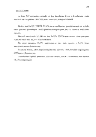 305
   g) UP FOMAM

     A figura 5.87 apresenta a variação em área das classes de uso e de cobertura vegetal
natural da terra no período 1953-2000 para a unidade da paisagem FOMAM.


     Da área total da UP FOMAM, 36,36% não se modificaram quantitativamente no período,
sendo que desta porcentagem 16,05% permaneceram pastagens, 14,85% floresta e 5,46% mata
capoeira.
     Do total transformado (63,64% da área da UP), 52,82% ocorreram na classe pastagem,
5,35% na classe mata e 5,47% na classe floresta.
     Na classe pastagem, 49,37% regeneraram-se para mata capoeira e 3,45% foram
transformados em reflorestamento.
     Na classe floresta, 2,59% regrediram para mata capoeira, 1,91% tornaram-se pastagem e
0,97% para reflorestamento.
     A classe mata capoeira apresentou 5,35% de variação, com 4,12% evoluindo para florestas
e 1,12% para pastagem.
 