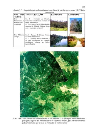 331
Quadro 5.17 - As principais transformações de cada classe de uso das terras para a UP FESMar
                                         (conclusão)
 USO DAS TRANSFORMAÇÃO                           EXEMPLO 1               EXEMPLO 2
 TERRAS
 Uso             Ex. 1 – Formação de Floresta
 Preservação e   Estacional Semidecidual Montana no
 Conservação     bairro Pernambuco.
 Ambiental       Ex. 2 – Capoeira de FESM na área de
                 nascente do Ribeirão Vidoca, divisa
                 com o município de Jacareí.



 Uso Múltiplo    Ex. 1 – Represa do Córrego Vidoca
 da água         no Bairro Pernambuco.
                 Ex. 2 – Córrego Vidoca retificado e
                 já com recebimento de efluentes
                 domésticos, próximo ao Bairro
                 Jardim Satélite.




FIG. 5.94 – Foto síntese das transformações na UP FESMar – As pastagens ainda dominam a
           paisagem, seguida dos remanescentes de vegetação natural, pelo reflorestamento e
           pela urbanização que avança na formação de bairros rurais.
 