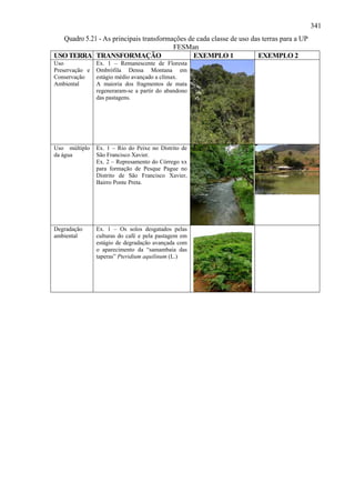341
  Quadro 5.21 - As principais transformações de cada classe de uso das terras para a UP
                                        FESMan
USO TERRA TRANSFORMAÇÃO                        EXEMPLO 1             EXEMPLO 2
Uso             Ex. 1 – Remanescente de Floresta
Preservação e   Ombrófila Densa Montana em
Conservação     estágio médio avançado a clímax.
Ambiental       A maioria dos fragmentos de mata
                regeneraram-se a partir do abandono
                das pastagens.




Uso múltiplo    Ex. 1 – Rio do Peixe no Distrito de
da água         São Francisco Xavier.
                Ex. 2 – Represamento do Córrego xx
                para formação de Pesque Pague no
                Distrito de São Francisco Xavier,
                Bairro Ponte Preta.




Degradação      Ex. 1 – Os solos desgatados pelas
ambiental       culturas do café e pela pastagem em
                estágio de degradação avançada com
                o aparecimento da “samambaia das
                taperas” Pteridium aquilinum (L.)
 