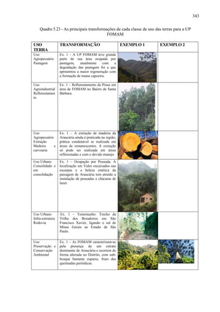 343

    Quadro 5.23 - As principais transformações de cada classe de uso das terras para a UP
                                          FOMAM

USO               TRANSFORMAÇÃO                            EXEMPLO 1   EXEMPLO 2
TERRA
Uso               Ex. 1 – A UP FOMAM teve grande
Agropecuário      parte de sua área ocupada por
Pastagem          pastagem,    atualmente    com   a
                  degradação das pastagem foi a que
                  apresentou a maior regeneração com
                  a formação de matas capoeira.

Uso               Ex. 1 – Reflorestamento de Pinus em
Agroindustrial    área de FOMAM no Bairro de Santa
Reflorestamen     Bárbara.
to




Uso               Ex. 1 – A extração de madeira da
Agropecuário      Araucária ainda é praticada na região,
Extração          prática condenável se realizada em
Madeira      e    áreas de remanescentes. A extração
carvoaria         só pode ser realizada em áreas
                  reflorestadas e com o devido manejo
Uso Urbano        Ex. 1 – Ocupação por Pousada. A
Consolidado e     localização em Vales encaixados nas
em                escarpas e a beleza estética da
consolidação      paisagem de Araucária tem atraído a
                  instalação de pousadas e chácaras de
                  lazer.




Uso Urbano        Ex. 1 – Testemunho: Trecho da
Infra-estrutura   Trilha dos Boiadeiros em São
Rodovia           Francisco Xavier, ligando o sul de
                  Minas Gerais ao Estado de São
                  Paulo.

Uso               Ex. 1 – As FOMAM caracterizam-se
Preservação e     pela presença de um estrato
Conservação       dominante de Araucária e ocorrem de
Ambiental         forma alterada no Distrito, com sub-
                  bosque bastante esparso, fruto das
                  queimadas periódicas.
 