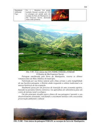 344
Degradação    Ex. 1 – Memória: Um grande
Ambiental     incêndio florestal ocorrido em 1928
Fogo          se propagou por grande parte das
              escarpas da Serra da Mantiqueira em
              São Francisco Xavier, destruindo
              matas então primárias.




               FIG. 5.99 - Foto síntese das UPs FODM, FODAM e FOMAM
                            O Distrito de São Francisco Xavier:
         Paisagem emoldurada pela Serra da Mantiqueira, reserva os últimos
     remanescentes da Mata Atlântica do município.
         Valorizada por sua beleza natural, pelo clima serrano e pela tranqüilidade
     de sua bucólica paisagem, o Distrito ainda resguarda a cultura tradicional e as
     marcas históricas de sua ocupação.
         Atualmente passa por um processo de transição de uma economia agrária,
     baseada na pecuária leiteira extensiva e na agricultura de subsistência para um
     centro de turismo rural e ecológico.
         Um dos principais desafios para o futuro de sua paisagem é garantir o seu
     desenvolvimento sustentado, conciliando o crescimento turístico com a necessária
     preservação ambiental e cultural.




FIG. 5.100 – Foto síntese da paisagem FODAM: as escarpas da Serra da Mantiqueira.
 
