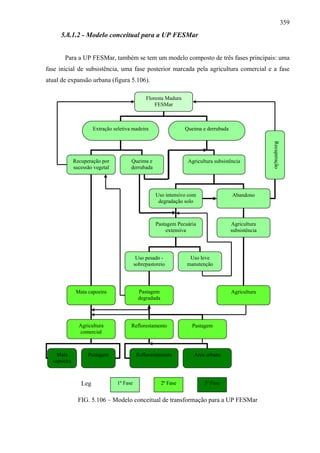 359
     5.8.1.2 - Modelo conceitual para a UP FESMar


       Para a UP FESMar, também se tem um modelo composto de três fases principais: uma
fase inicial de subsistência, uma fase posterior marcada pela agricultura comercial e a fase
atual de expansão urbana (figura 5.106).

                                                Floresta Madura
                                                    FESMar



                      Extração seletiva madeira                    Queima e derrubada




                                                                                                       Recuperação
             Recuperação por           Queima e                     Agricultura subsistência
             sucessão vegetal          derrubada




                                                    Uso intensivo com                   Abandono
                                                     degradação solo



                                                    Pastagem Pecuária                   Agricultura
                                                        extensiva                       subsistência




                                            Uso pesado -            Uso leve
                                           sobrepastoreio          manutenção




              Mata capoeira                  Pastagem                                   Agricultura
                                             degradada




               Agricultura             Reflorestamento               Pastagem
               comercial



    Mata           Pastagem                 Reflorestamento           Área urbana
  capoeira



                Leg              1ª Fase                 2ª Fase           3ª Fase


               FIG. 5.106 – Modelo conceitual de transformação para a UP FESMar
 