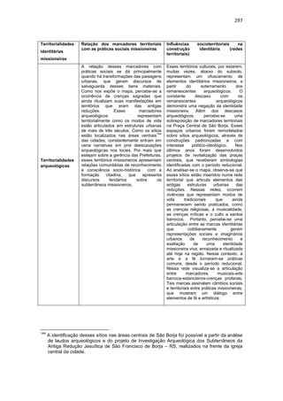297
144
A identificação desses sítios nas áreas centrais de São Borja foi possível a partir da análise
de laudos arqueológicos e do projeto de Investigação Arqueológica dos Subterrâneos da
Antiga Redução Jesuítica de São Francisco de Borja – RS, realizados na frente da igreja
central da cidade.
Territorialidades
identitárias
missioneiras
Relação dos marcadores territoriais
com as práticas sociais missioneiras
Influências socioterritoriais na
construção identitária (redes
territoriais)
Territorialidades
arqueológicas
A relação desses marcadores com
práticas sociais se dá principalmente
quando há transformações das paisagens
urbanas, que geram discursos de
salvaguarda desses bens materiais.
Como nos expõe o mapa, percebe-se a
ocorrência de crenças sagradas que
ainda ritualizam suas manifestações em
territórios que eram das antigas
reduções. Esses marcadores
arqueológicos representam
territorialmente como os modos de vida
estão articulados em estruturas urbanas
de mais de três séculos. Como os sítios
estão localizados nas áreas centrais
144
das cidades, constantemente entram em
cena narrativas em prol deescavações
arqueológicas nos locais. Por mais que
estejam sobre a gerência das Prefeituras,
esses territórios missioneiros apresentam
relações comunitárias de reconhecimento
e consciência socio-histórica com a
formação citadina, que apresenta
discursos lendários sobre os
subterrâneos missioneiros.
Esses territórios culturais, por estarem,
muitas vezes, abaixo do subsolo,
representam um ofuscamento de
elementos identitários missioneiros, a
partir do soterramento dos
remanescentes arqueológicos. O
constante descaso com os
remanescentes arqueológicos
demonstra uma negação da identidade
missioneira. Além dos descasos
arqueológicos, percebe-se uma
sobreposição de marcadores territoriais
na Praça Central de São Borja. Esses
espaços urbanos foram remodelados
sobre sítios arqueológicos, através de
construções padronizadas e com
interesse político-ideológico. Nos
últimos anos foram desenvolvidos
projetos de revitalização das praças
centrais, que receberam simbologias
identificadas com o período reducional.
Ao analisar-se o mapa, observa-se que
esses sítios estão inseridos numa rede
territorial que articula elementos das
antigas estruturas urbanas das
reduções. Nessas redes, ocorrem
vivências que representam modos de
vida tradicionais que ainda
permanecem sendo praticados, como
as crenças religiosas, a musicalidade,
as crenças míticas e o culto a santos
barrocos. Portanto, percebe-se uma
articulação entre as marcas identitárias
que cotidianamente geram
representações sociais e imaginários
urbanos de reconhecimento e
exaltação de uma identidade
missioneira viva, enraizada e ritualizada
até hoje na região. Nesse contexto, a
arte e a fé tornaram-se práticas
comuns, desde o período reducional.
Nessa rede visualiza-se a articulação
entre marcadores musicais-arte
barroca-estancieiros-crenças profanas.
Tais marcas assinalam câmbios sociais
e territoriais entre práticas missioneiras,
que mostram um diálogo entre
elementos de fé e artísticos.
 